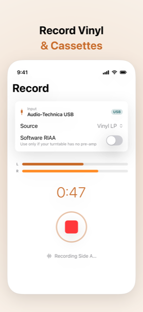 Record vinyl and cassettes with live level meters